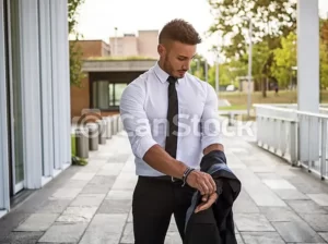 Homem jovem e bonito de terno, dobrando a manga da camisa. Clara demonstração do efeito halo no contexto dos livros sobre vieses cognitivos