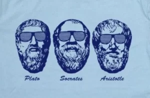 Desenho de Platão, Sócrates e Aristóteles sobre camiseta. Os filósofos são representados como renderização de suas estátuas famosas e utilizando óculos escuros, de forma a evocar astros de Rock