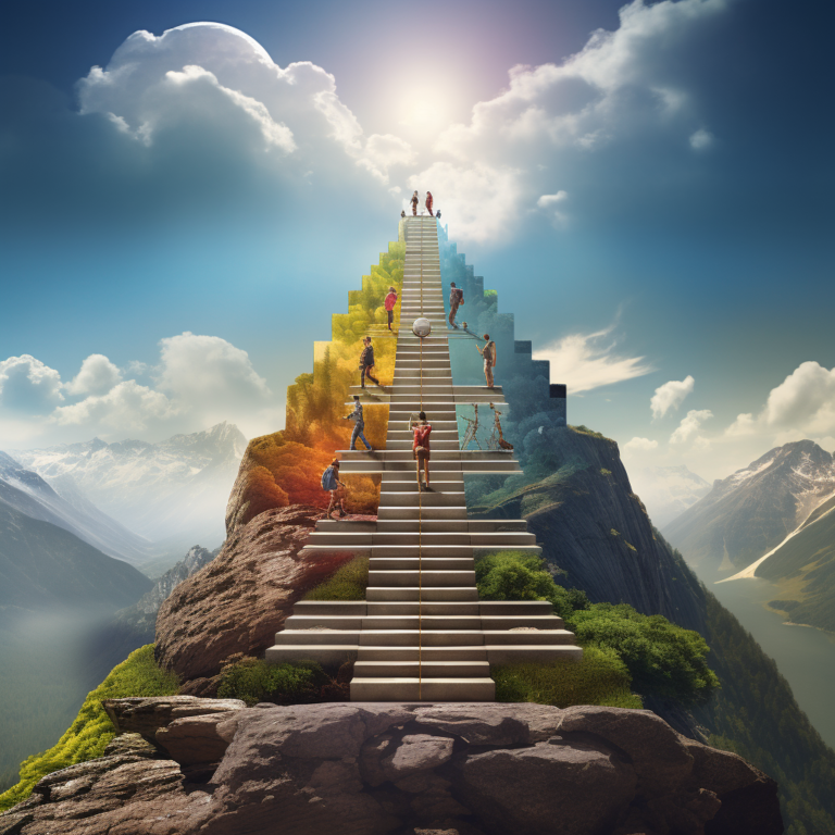 Hierarquia das Necessidades de Maslow representada através de uma escada que sobe uma montanha com pessoas em cada degrau representando as necessidades ascendentes