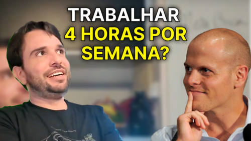 Thumbnail do video de Anticoach "O Mito Do Empreendedor Que Trabalha Pouco", sobre ser seu próprio chefe. A capa tem o texto "Trabalhar 4 Horas Por Semana" e os rostos de Gabriel Ottaviano e Tim Ferriss